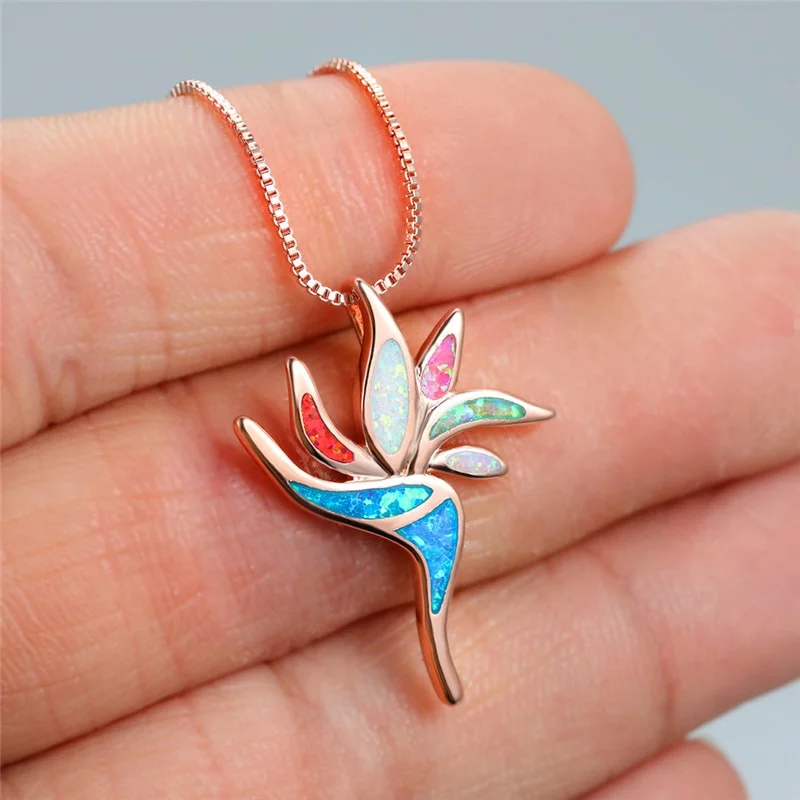 

Female Rainbow Imitation Opal Pendant Necklace Rose Gold Silver Color Chain Necklaces For Women Cool Geometric Long Necklace