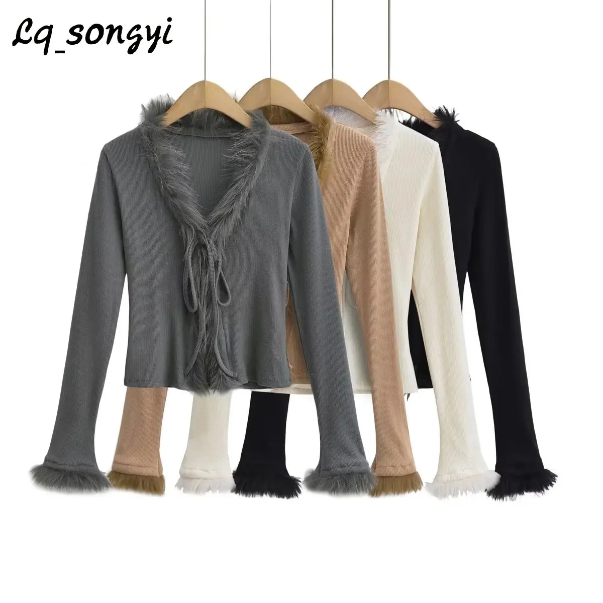 

Slim Fit Wool Collar Long Sleeve Knitted Cardigan 2023 Fashion Spring Women's Thin Coats New V-Neck Lace Up Sexy Short Top