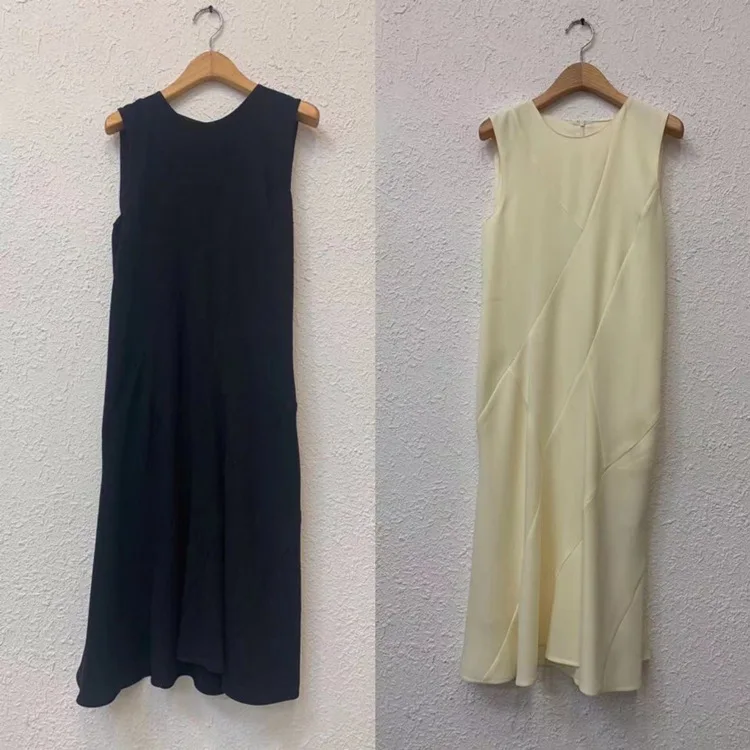 

Women's Triacetate Sleeveless Dress Temperament Round Neck Solid Slim Umbrella Skirt 2023 Spring Summer New