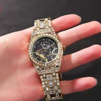 MISSFOX Hip Hop Full A Diamond Mechanical Watch Men Gold Luxury Iced Out Waterproof Wristwatch Male Automatic Relogio Masculino