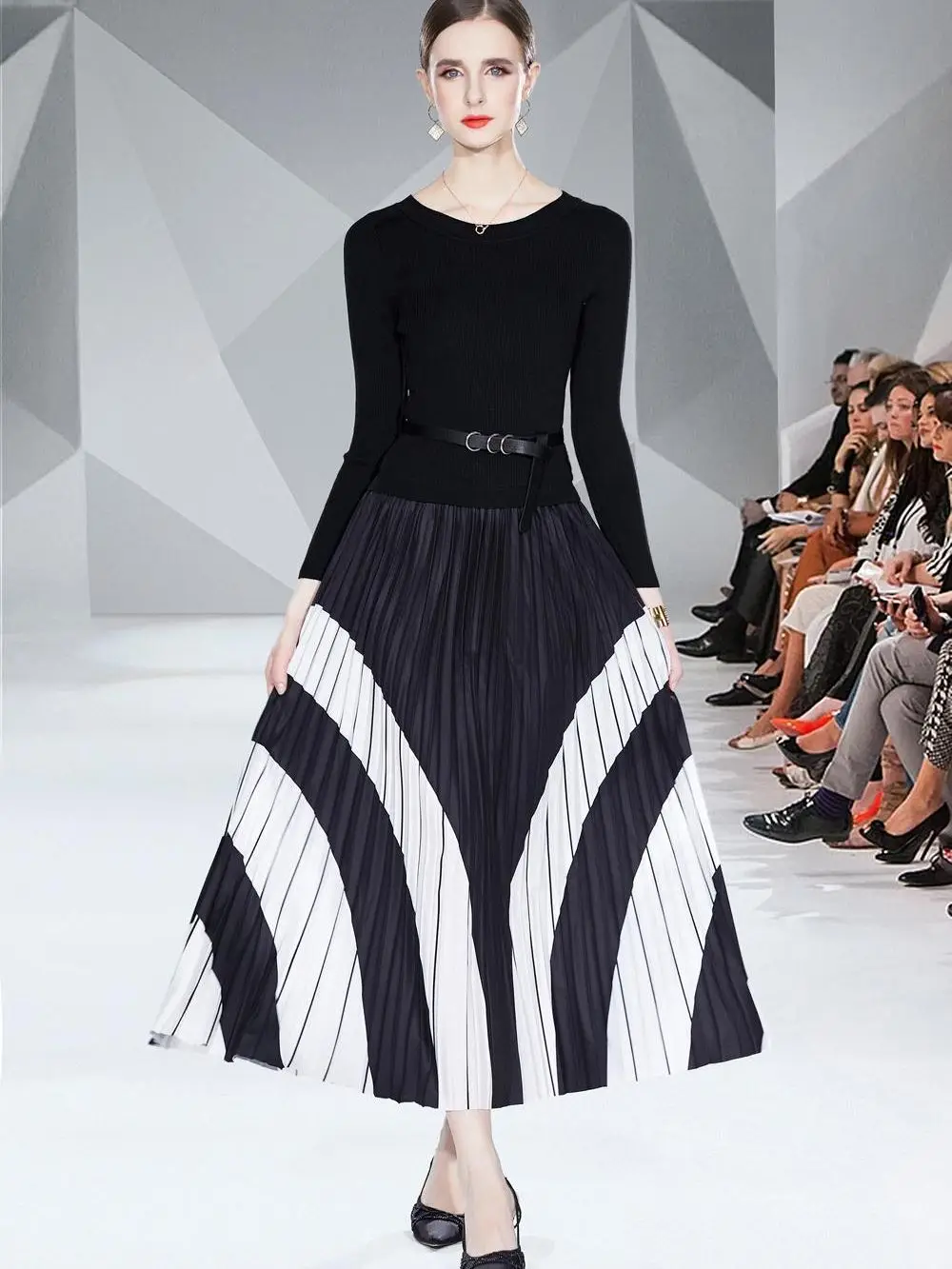 

Vintage Contrast Striped Pleated Dress Autumn Winter Women's O-Neck Long Sleeve Knit Patchwork Pullover Long Dress with Belt