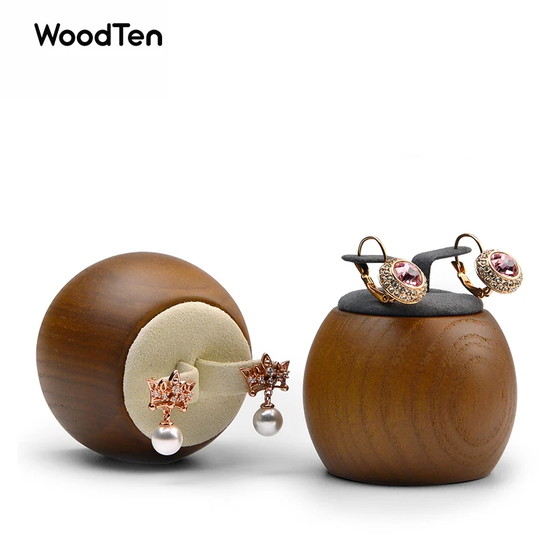 

WoodTen Jewelry Display Solid Wood Ring Display Stand Microfiber Earring Stud Display Holder Round Jewelry Organizer Dark Gray