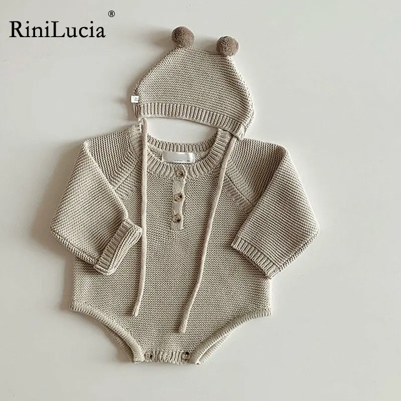 

RiniLucia 2022 New Toddler Baby Boys Girls Knitted Bodysuit Autumn Infant Jumpsuit Knitwear Outfits Newborn Baby Sweater + Hat