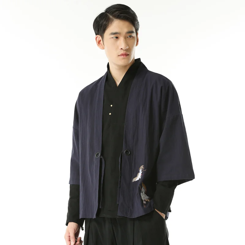 

M-5XL мужской кардиган, японское кимоно, летняя одежда, куртка, Мужская рубашка с журавлем, повседневное Мужское пальто