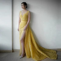 yellow elegant exquisite fashion evening dress v neck floor length high split with train sequins prom dress custom made