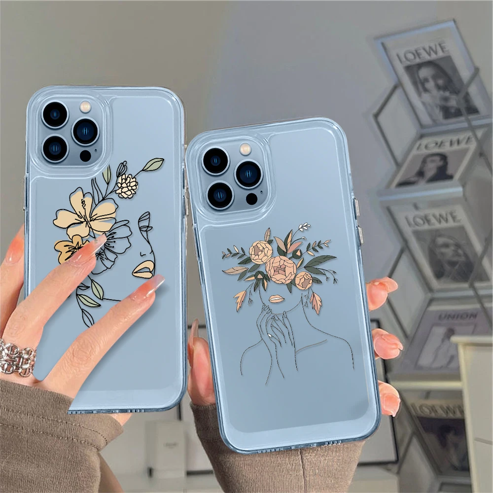 

Abstract Face Line Flower Phone Case for iPhone 13 12 11 Pro Max Mini XS XR X Shell Back Cover for iPhone14ProMax Coque Fundas