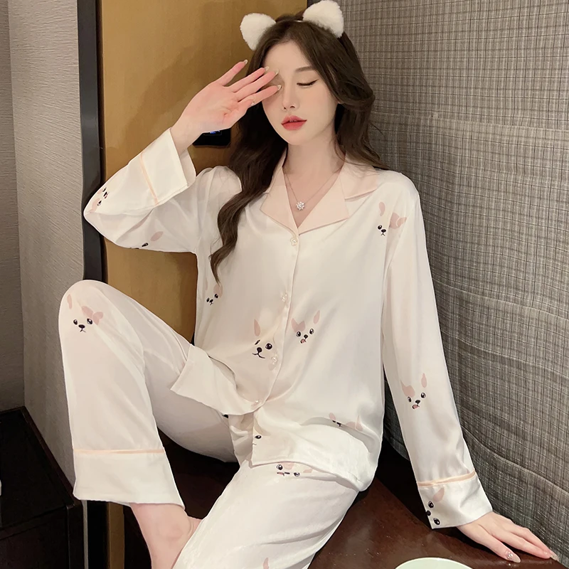 FUNISHI Women's Pajamas Silk Sexy Sleepwear Cartoon Princess Style Plus Size Lapel Loose Version Pajama Set