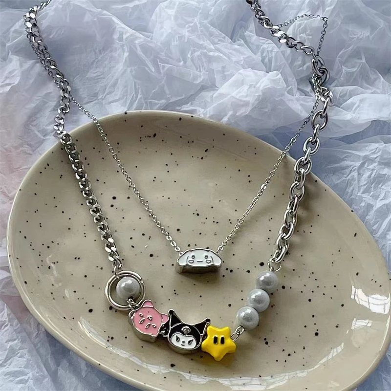 

Cute Kuromi Kirby Pendant Necklaces Girls Kuromi Kirby Chain Necklaces Multi-Storey Bff Necklace Silvery Jewelry Accessories