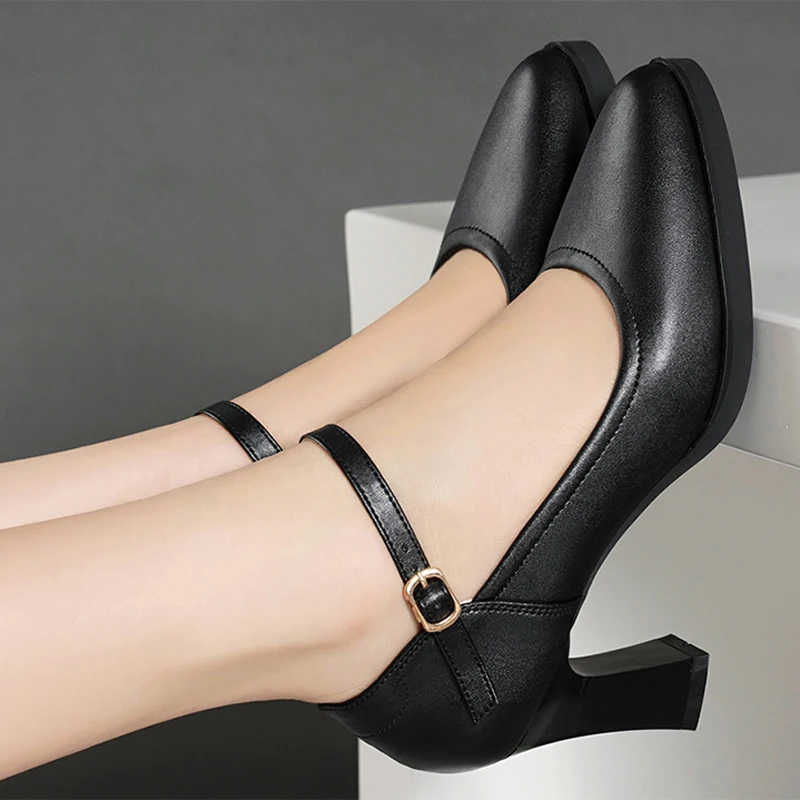 

7cm High Heel Pu Leather Black Pumps Women Summer Shoes Ladies Heels