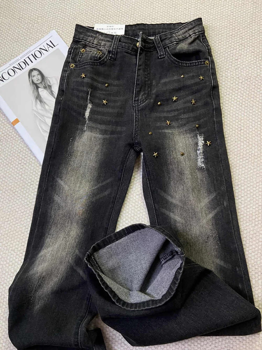 Большие черные серые рваные джинсы для женщин весенне-осенние расклешенные