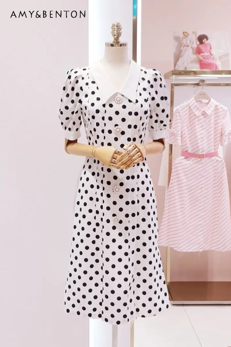 Summer New Retro Dots Dress Women's Elegant Waist Slimming Clothes Temperament Short Sleeve Mid-Length Overknee Dress