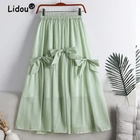 korean kawaii sweet bow tulle splicing skirt 2022 summer new fashion all match elastic high waist solid color a line midi skirts