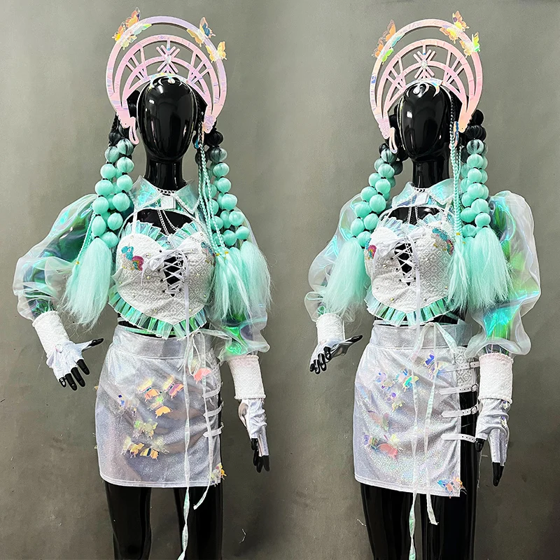 

Gogo Dance Costume Girls Group Jazz Dancing Clothes Puff Sleeve Tops Laser Butterfly Skirt Nightclub Dancer Rave Outfit