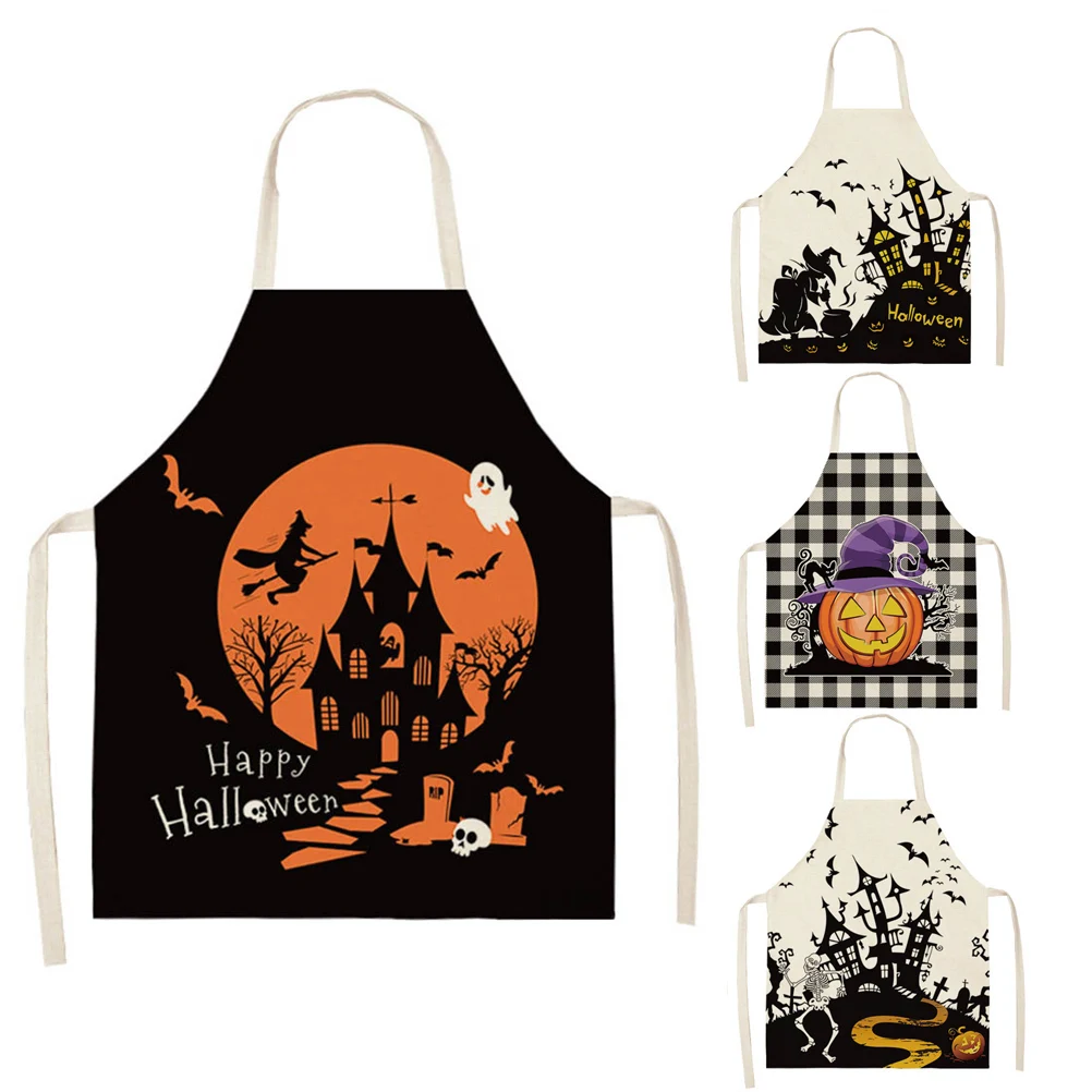 

Halloween Kitchen Aprons for Women Cotton Linen Bibs Plaid Pumpkin Bats Household Cleaning Pinafore Apron Man Kid Aprons