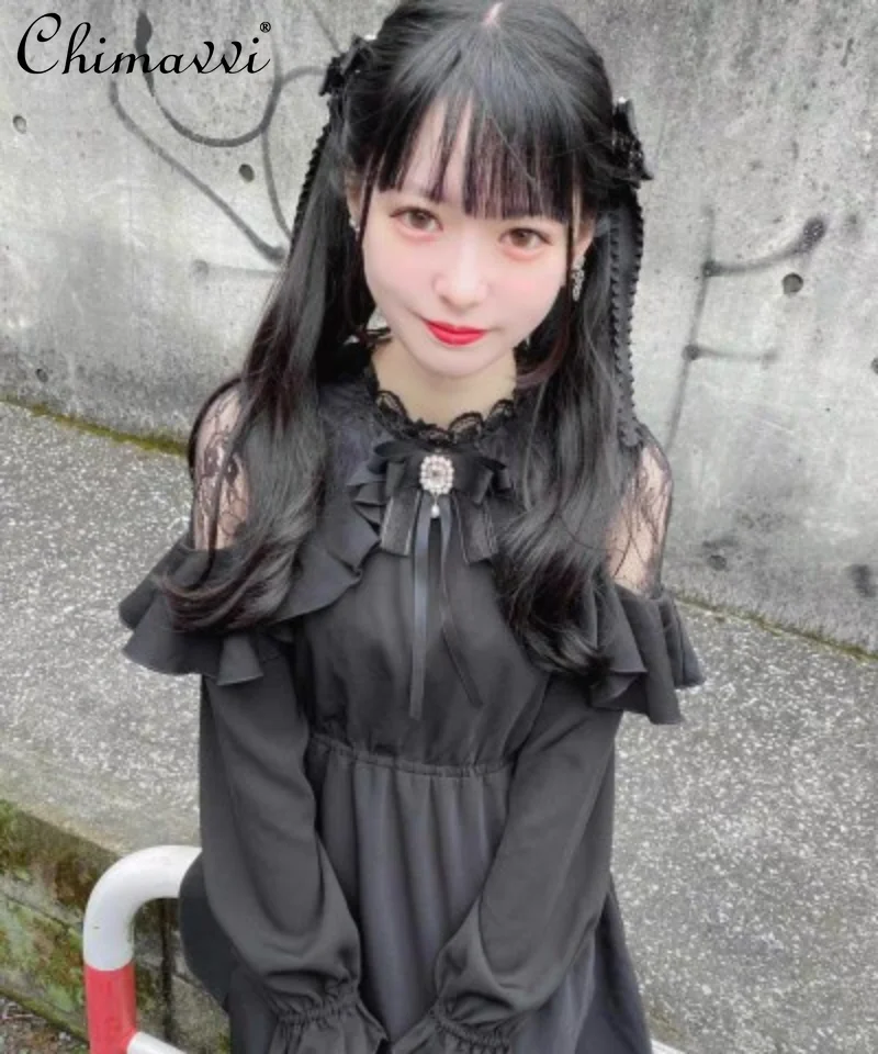 Japanese Style Short Dress Lolita Sweet Rojita Long Sleeve Lace Black Princess Dress Slimming Waist Summer A-line Dress