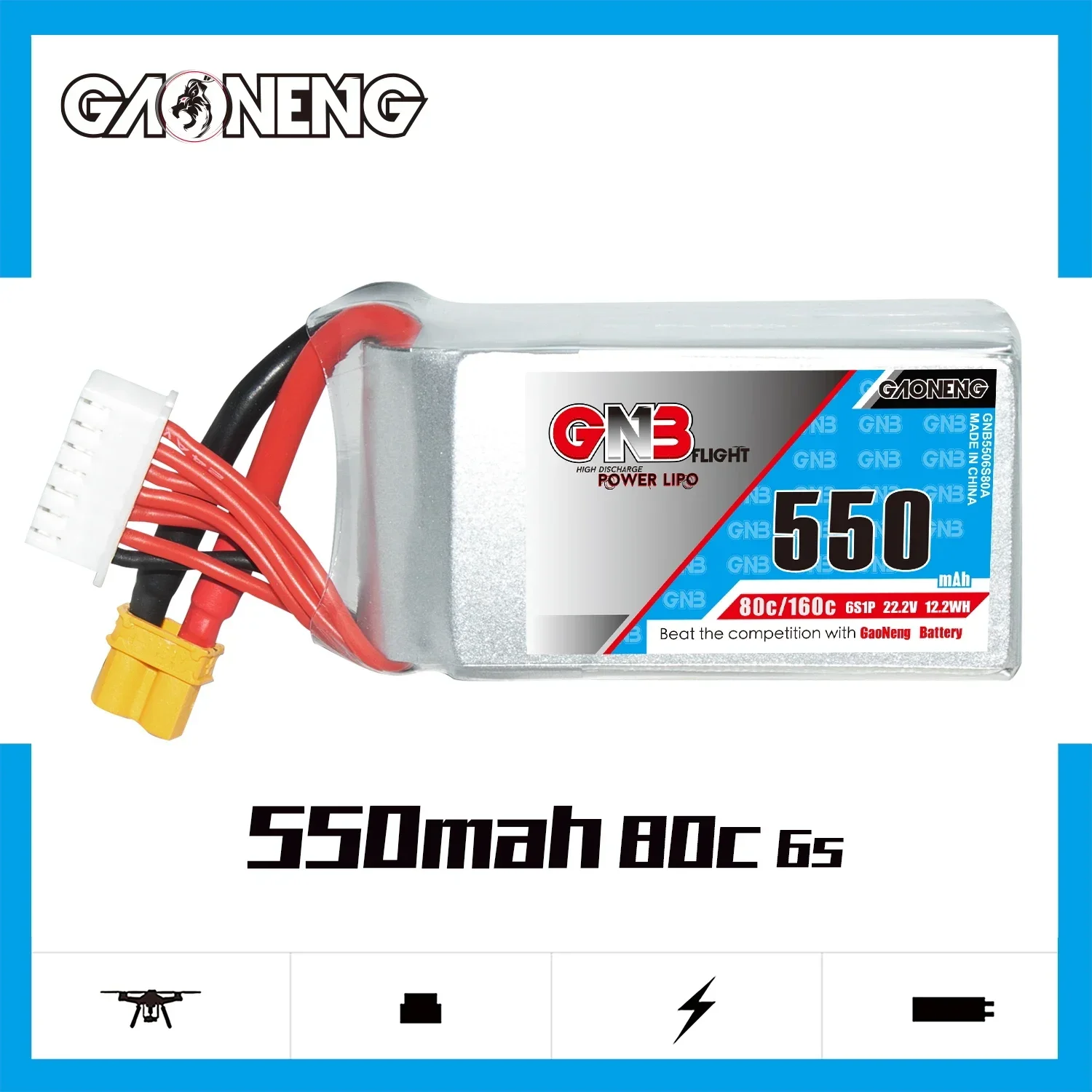 

Gaoneng GNB 6S1P 550mAh 22.2V 80C/160C Lipo Battery With XT30 XT60 Plug For FPV Racing Drone RC Quadcopter Helicopter Parts