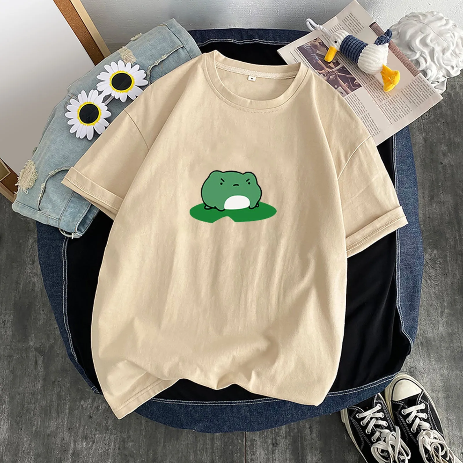 

Cute Korean Cartoon Top Shirt Women Lady Summer Short Sleeve Frogs Graphic Crew Blouse Tops Summer Clothing