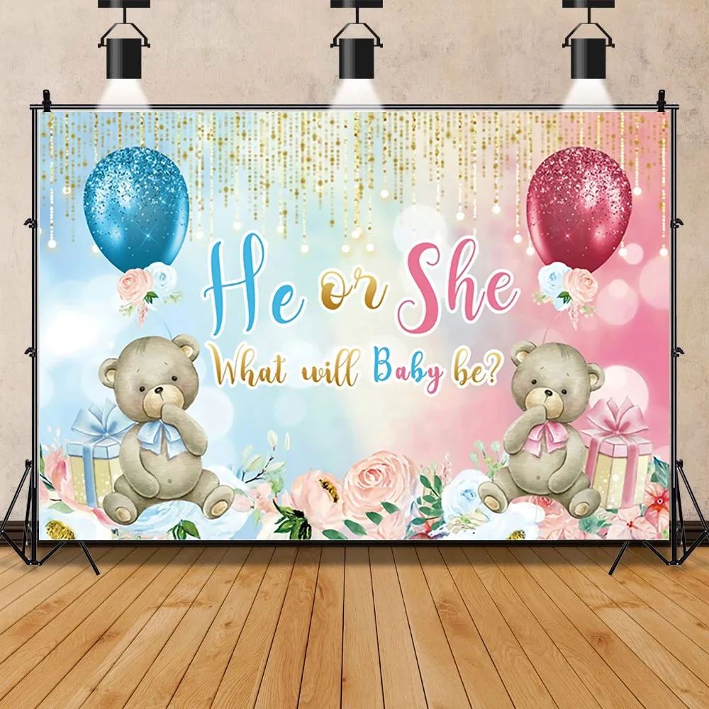 

Gender Reveal Flower Bear Newborn Party Decoration Photography Backdrops Prop Surprise Gift Birthday Studio Background BB-01