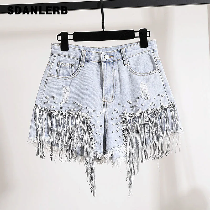 

European Station 2022 Summer New High Waist Heavy Industry Tassel A- line Denim Shorts Women's Loose Raw Hem Wide Leg Hot Pants