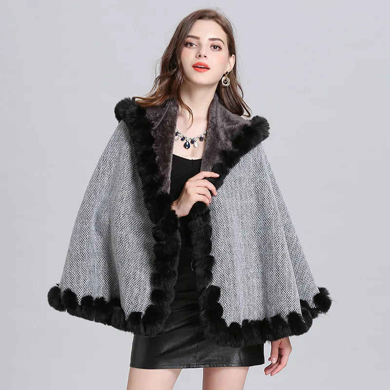 Fox like fur collar plush hooded knitted cardigan shawl women's cape shawl