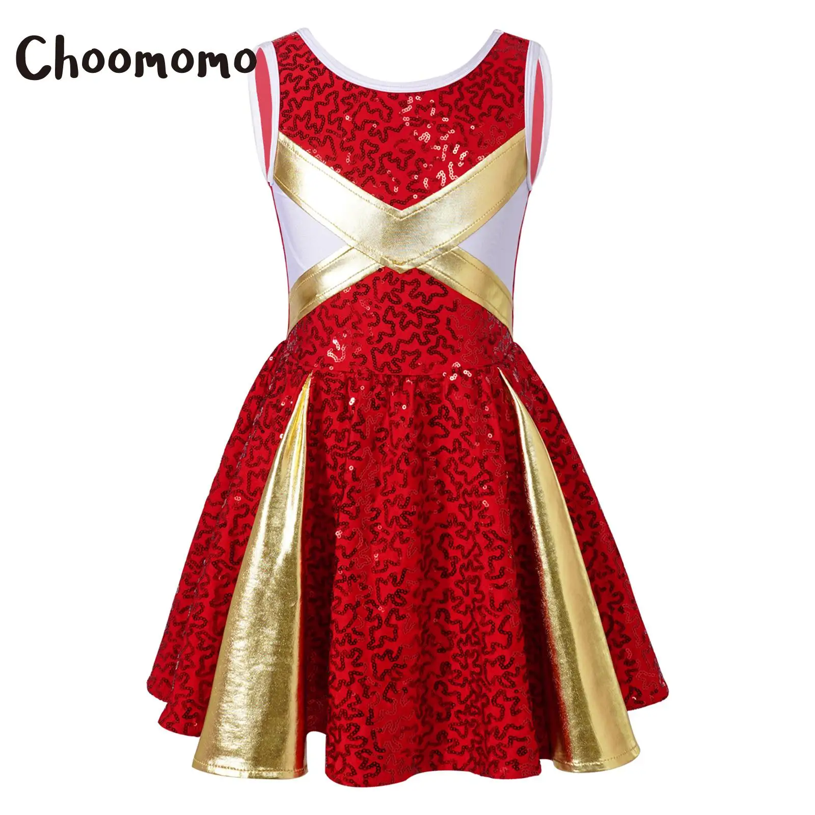 

Choomomo Kids Girls 4-14 Fasion Sleeveless Cheerleading Dance Dress Shiny Sequins Decor Patchwork Contrast Colors Bronzing Dress