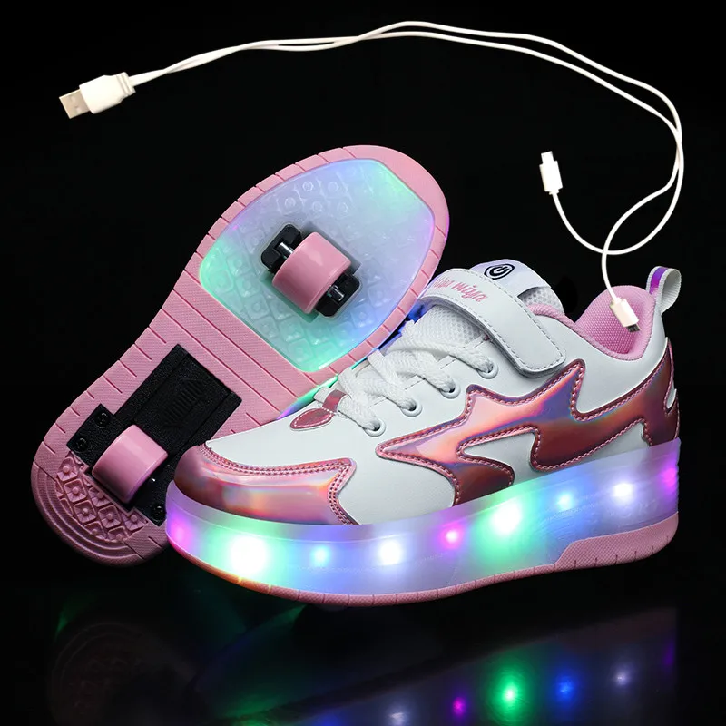 

2022 New 29-40 USB Charging Children Sneakers With 2 Wheels Girls Boys Led Shoes Kids Sneakers With Wheels Roller Skate Shoes