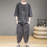 chinese style mens summer cotton linen suit mens retro zen clothes embroidered tang clothes chinese han clothes lay in clothes
