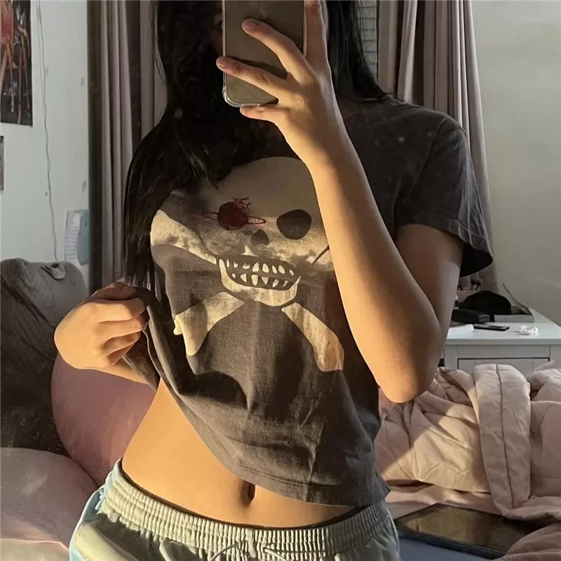 

Xingqing 2022 Goth Crop Top y2k Women Academia Dark O Neck Short Sleeve Sweat Shirt Graphic Skull Pattern Fairy Grunge Clothing