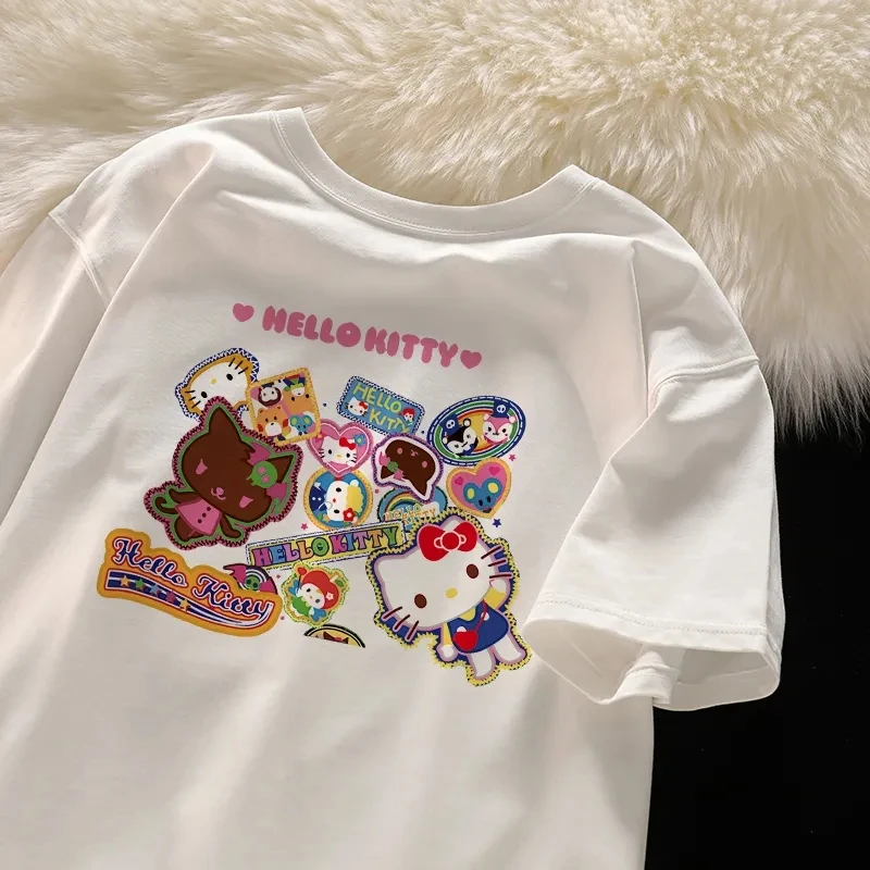 

Sanrio Hello Kitty Short Sleeve Kawaii Sweet Tee Anime Aesthetics T-Shirt Women Graphic Oversize Y2k Top Harajuku Korean Fashion