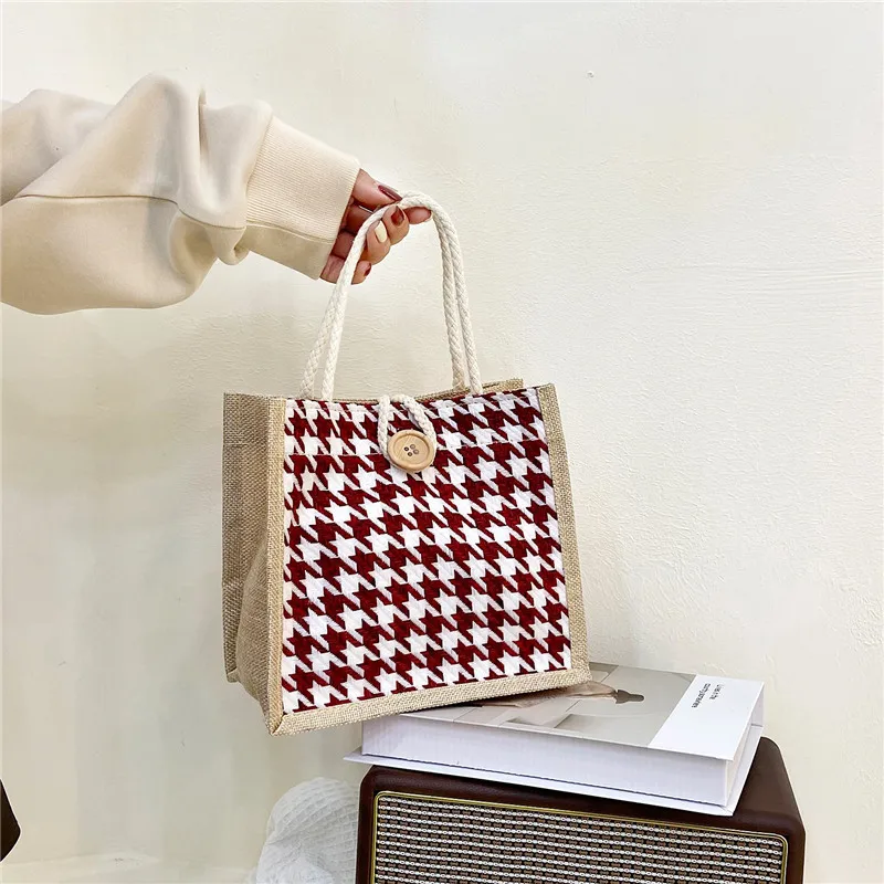 

Новинка 2023, портативная холщовая женская сумка, модная вместительная сумка для покупок с рисунком «гусиная лапка», сумка через плечо, Студенческая сумка для обеда