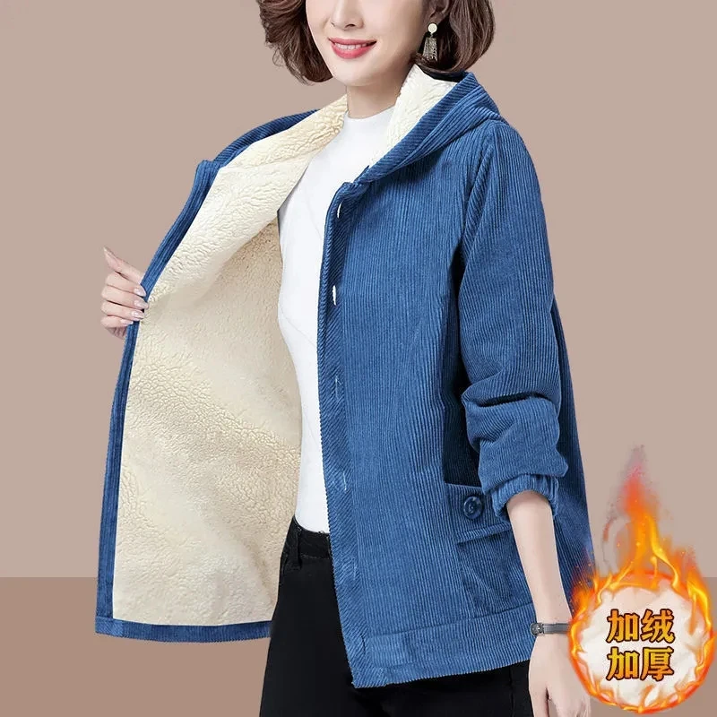 

Add Velvet Thicken Women's Corduroy Coats Tops Short Keep Warm Cotton Coat Middle-Aged Elderly Mom New Loose Winter Jacket 5XL