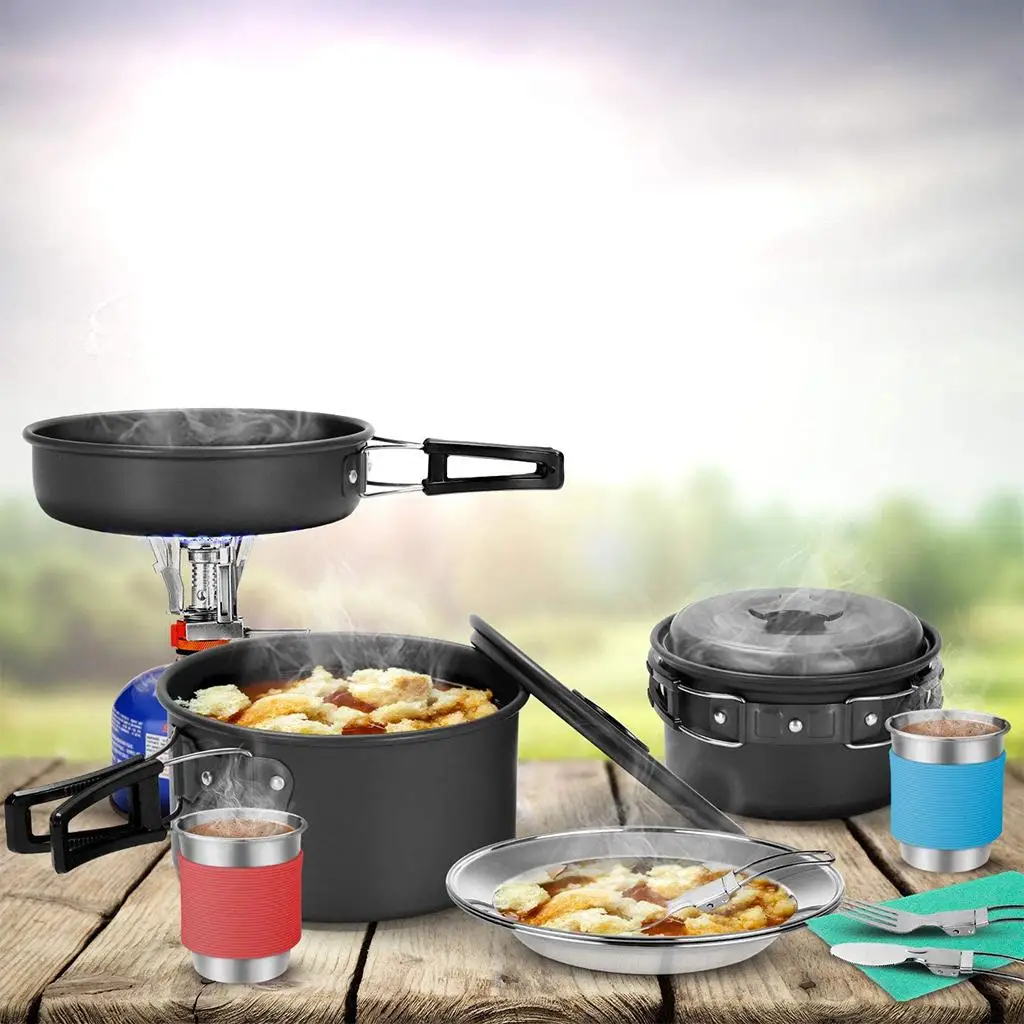 

Camping Cookware Kit Backpacking Hiking Tableware , Fishing Outdoors Cooking Folding Cutlery Set for 2-3 Person