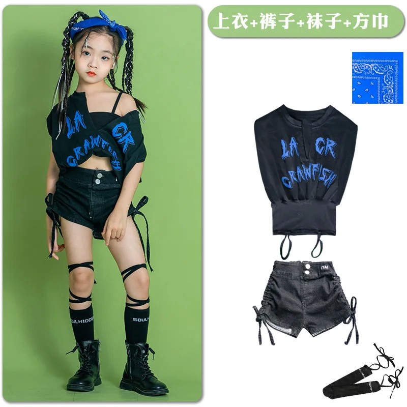 

Детская крутая одежда для ролевых танцев в Корейском стиле для девочек, топы и брюки для выступлений на сцене, костюм для бальных танцев, джаза, хип-хоп танцев, соревнований