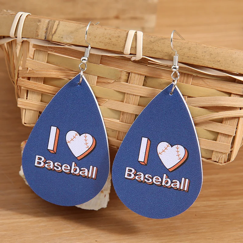 

New Simple Three-dimensional Letters Peach Heart Water Drop Leather Earrings Creative Baseball Printing Pu Earrings Wholesale