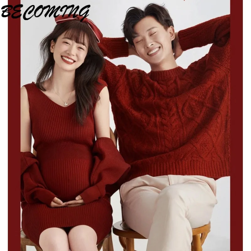 

Dresses photoshoot Maternity Dresses for Photo Shoot Knitting Cotton Pregnancy Dress Red New Year Women's Pregnant dress