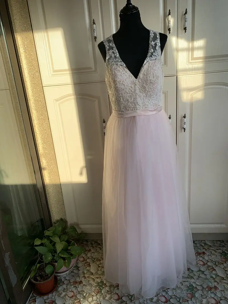 

Real Photos Sheer V-Neck Boho Blush Pink Wedding Dresses Pearls Beaded Lace Bridal Gowns with Button Vestido De Novia