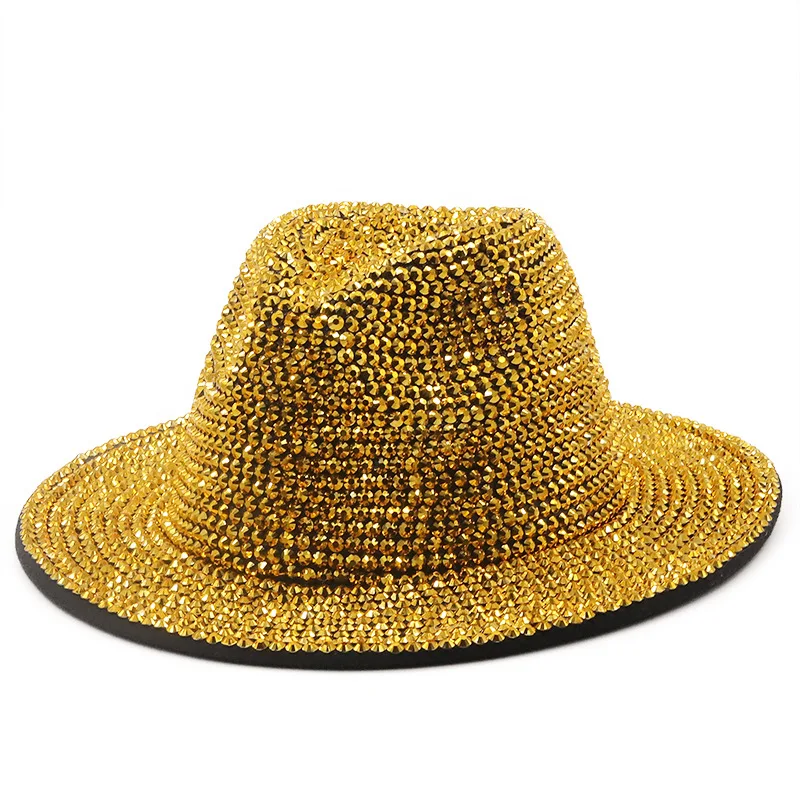

Fedora Hat For Women Winter Adjustable Bling Rhinestone Panama Men Full Diamond Wide Brim Felt Jazz Hats Wholesale