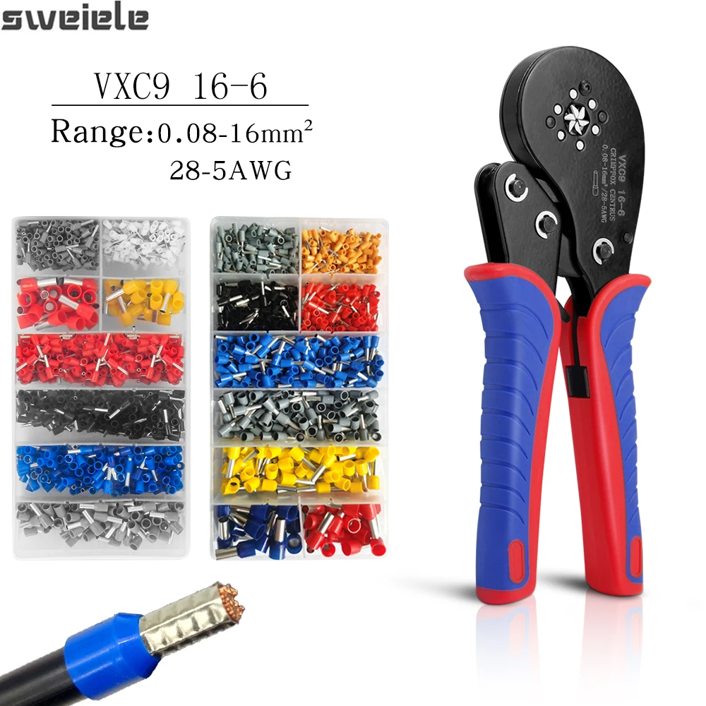 

Ferrule Crimping Pliers 0.08-16mm² Professional Ferrule Crimping Tool Kit VXC9 16-6 Precision Wire Clamp Crimper Terminal Set