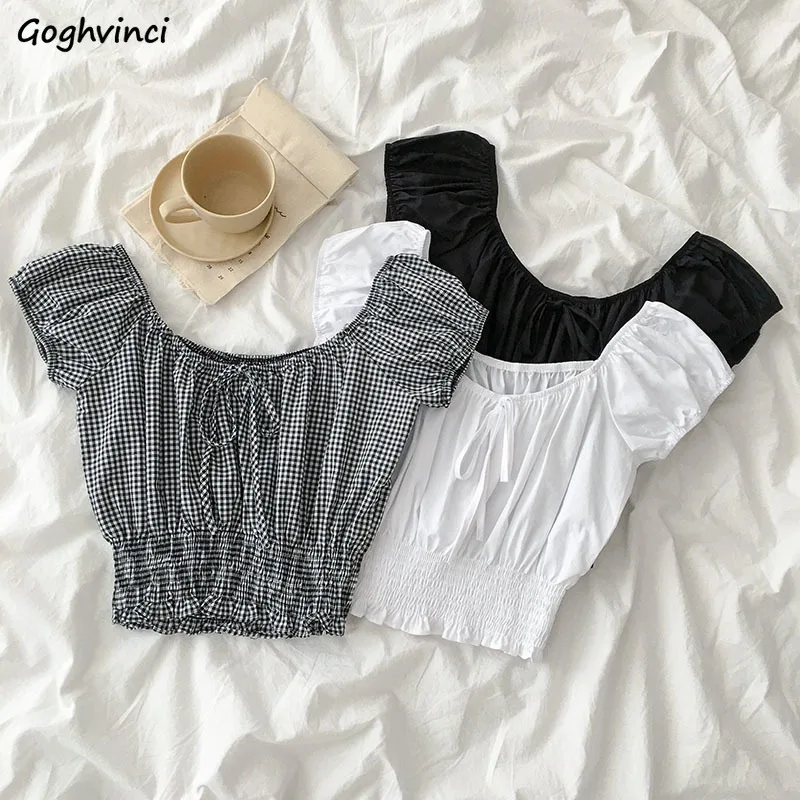 

Blouses Women Minority Summer New Arrival Slash Neck Bow Korean Style All-match Plaid Chic Basic Breathable Young Fashion Sweet