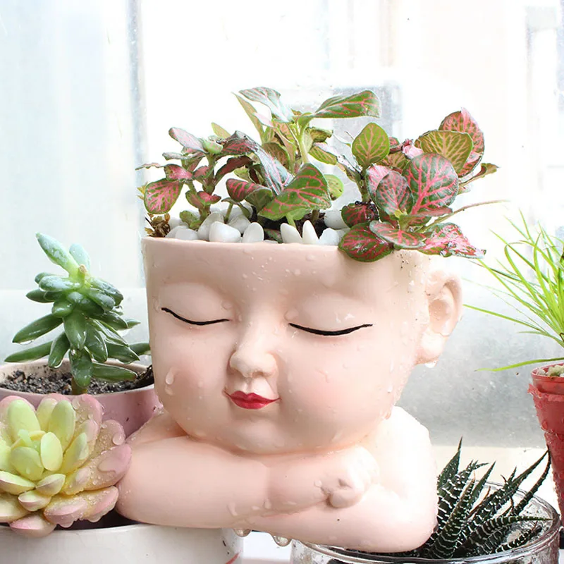 

European style natural resin material baby face design flower pot decoration balcony backyard garden exquisite potted plants