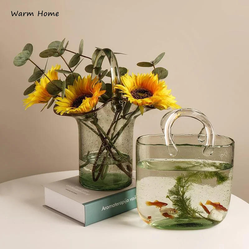 

Creative Fish Breeding Box Bag Tote Basket Glass Vase Transparent Hydroponic Flower Vase Home Decor Turtle Fish Tank Shooting
