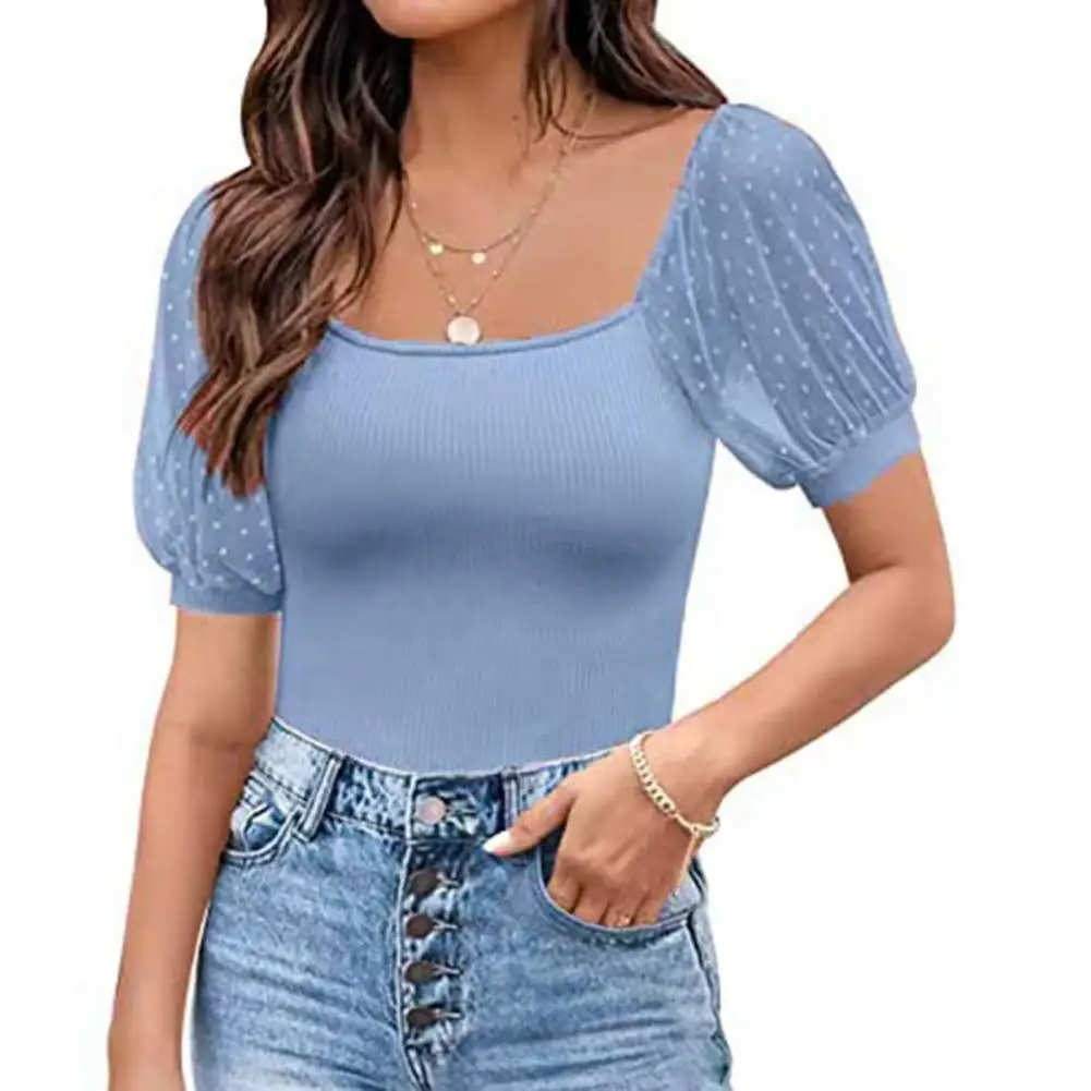 

Women T-shirt Polka Dot Mesh Short Lantern Sleeve Square Neck Pure Color Summer Slim Lady Blouse Female Clothes топ женский