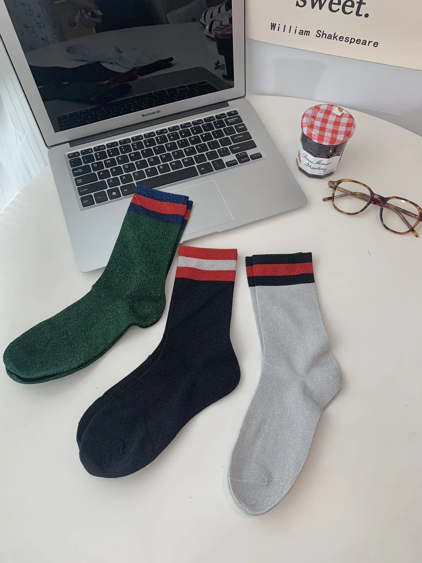 

Green three striped gold Silk Women's Socks