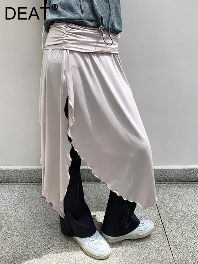 

DEAT Fashion Women's Skirt Loose Irregulat Folds Side Split Ruffles Non Strech Khaki Mid-calf Skirts Autumn 2023 New Tide 7AB332