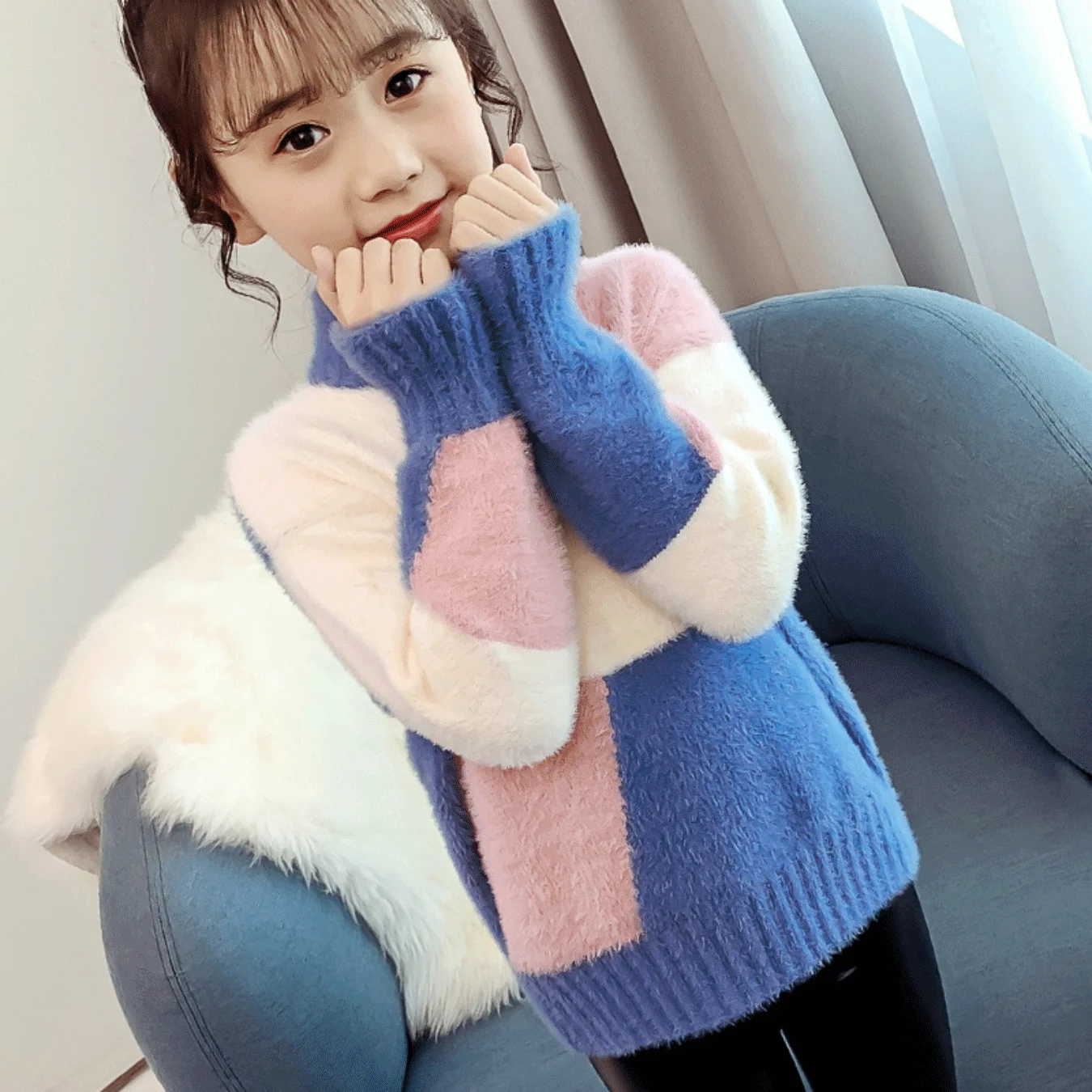 

Girls' Plush Knit Sweaters Korean Style Sweet Fleece-Lined Half-High Collar Baby Fashion Autumn Winter Base Pullover Tops