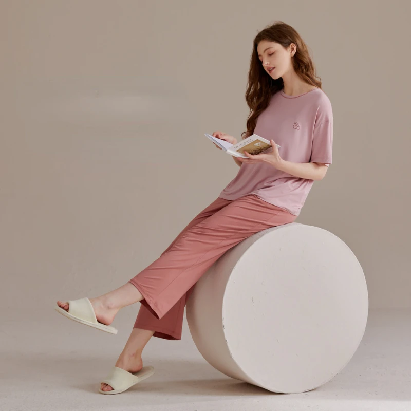 2023 New Pajamas Summer Thin Bio-based Home Suit Short-sleeved Trousers Breathable and Comfortable Sleepwear with Round Neck