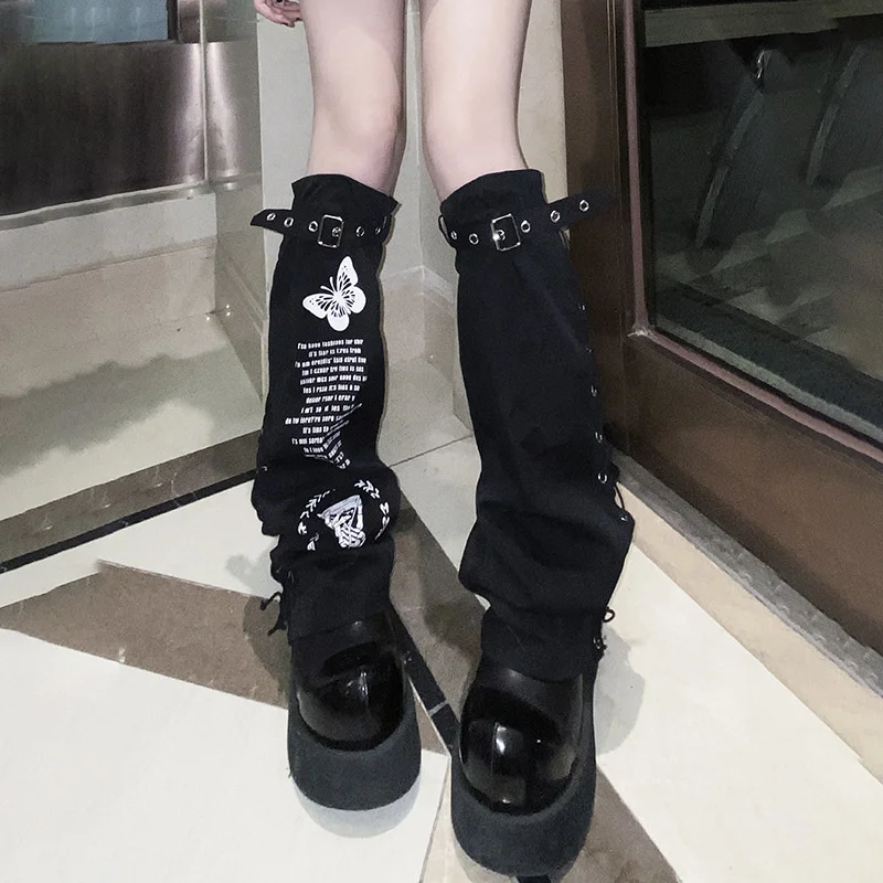 2022 Fashion Women Goth Long Sock Gothic Style One Side Buckle Printing Patchwork Slim Gothic Style Ladies Long Socks For Autumn