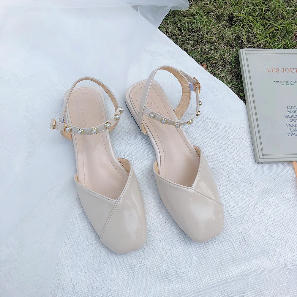 2022 Summer Fashion PU Baotou Square Heel Sandals Female Buckle Strap Slingle Shoes Korean Version Wild Fairy Flat Shoes Women