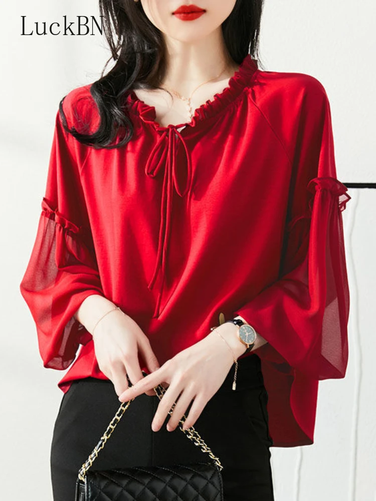

Long-sleeved Chiffon Shirt Lantern Sleeves Large Size 6XL Women's Clothing 2022 Spring New Loose Casual Commuter Temperament Top