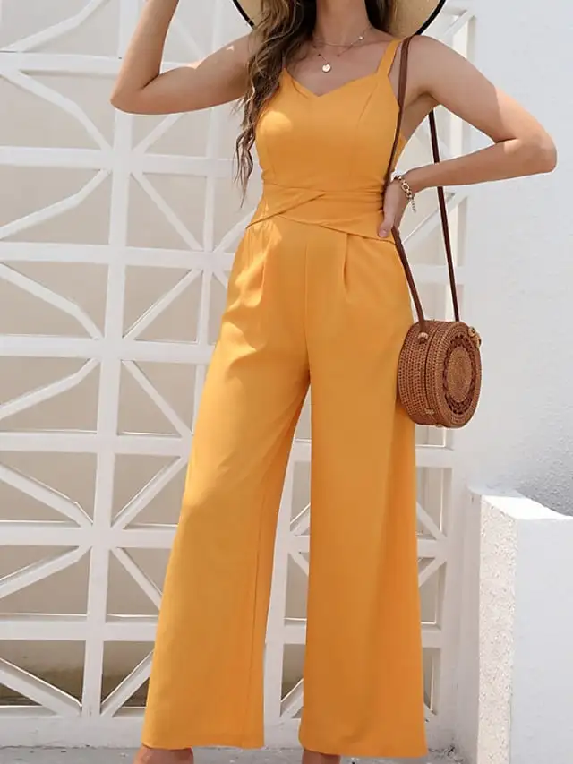 

Women's Jumpsuit Backless Pocket Solid Color V Neck Casual Daily Holiday Regular Fit Sleeveless Orange S M L Spring